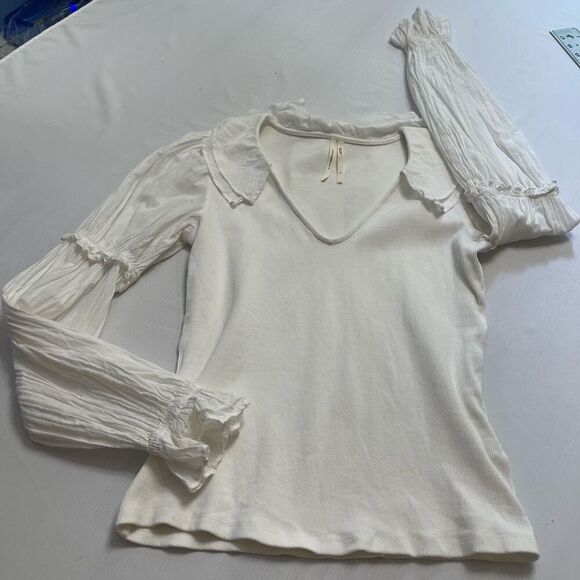 By Anthropologie Ruffled Ivory Blouse Top Ribbed Long Sleeve Ivory Size Small - Picture 5 of 9